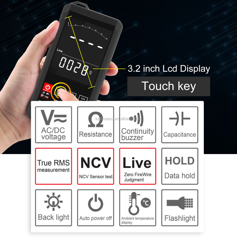 EBTN 디스플레이 터치 디지털 멀티미터 6000 카운트 디지털 멀티미터 Ncv 기능 중립 라이브 와이어 테스트 디지털 멀티미터