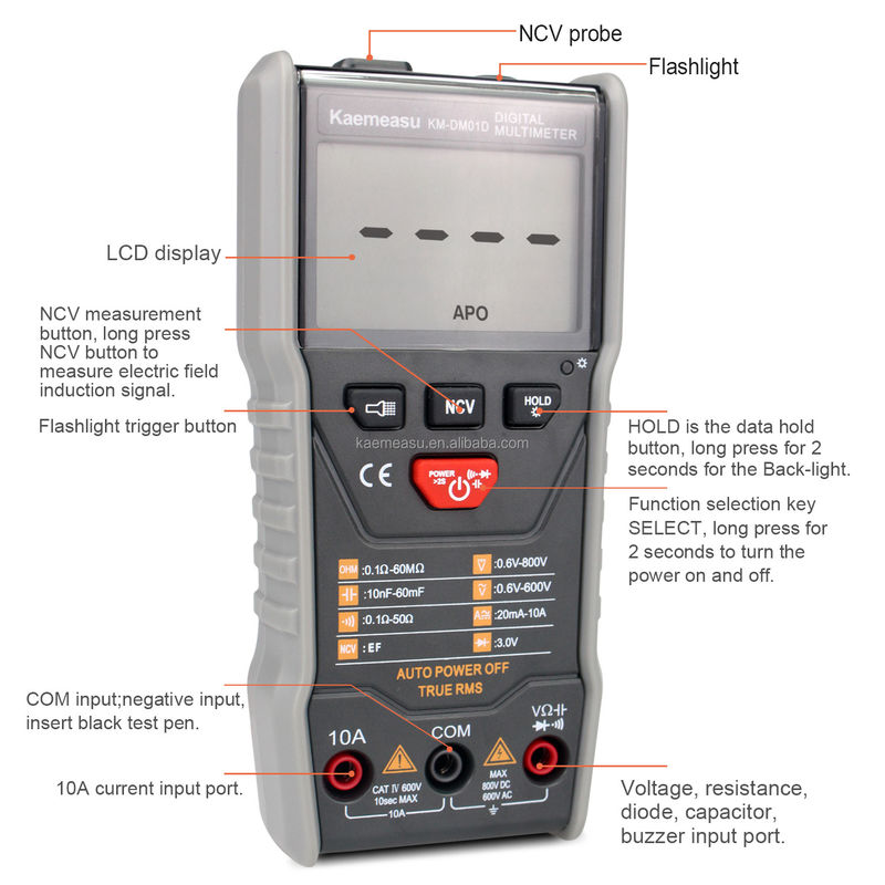 OEM ODM 방화 방지 멀티테스터 DC/AC NCV 측정 광선 출력 True-rms 자동 범위 디지털 멀티미터